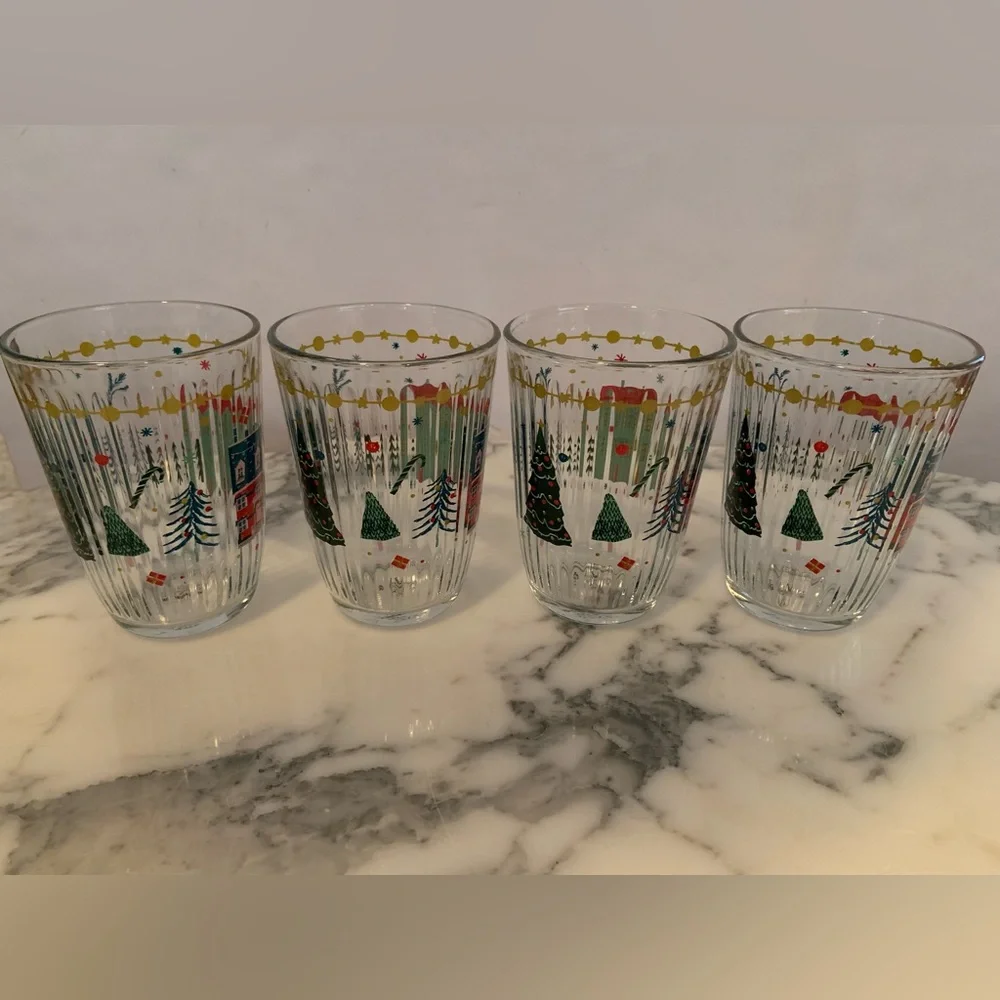 Rakle Holiday Village Christmas Tumblers Set Of 4 Ribbed Glass